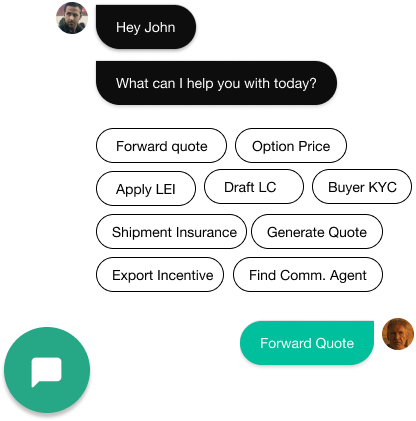 In-app chat assistant with quick-reply trade actions