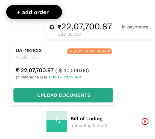 Order management screen showing an order and document upload